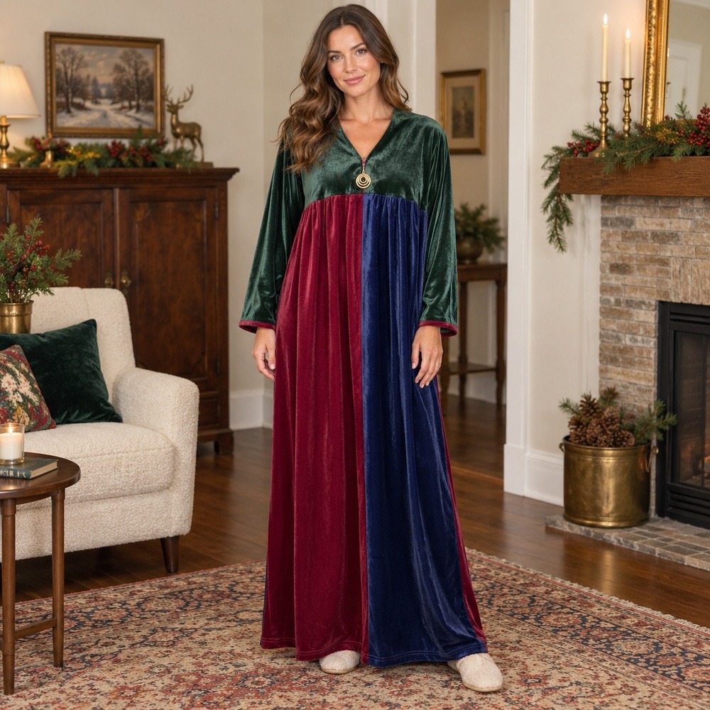 National Y2K Velour Jewel Tone Colorblock Caftan Hostess Gown House Dress Maxi M
